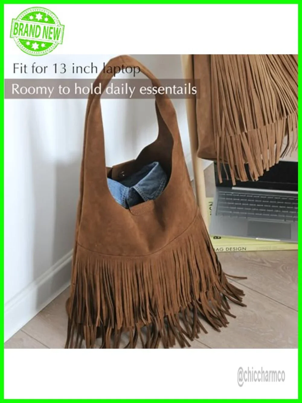 Faux Suede Fringe Hobo Bag with Magnetic Snap Closure